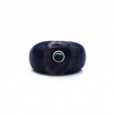 Ring S in dark horn set in silver -...